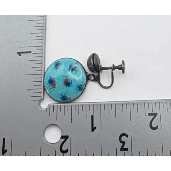 Faux Turquoise Polka Dot Enamel Earrings Silver Tone Clip On Retro Boho - Picture 2 of 6